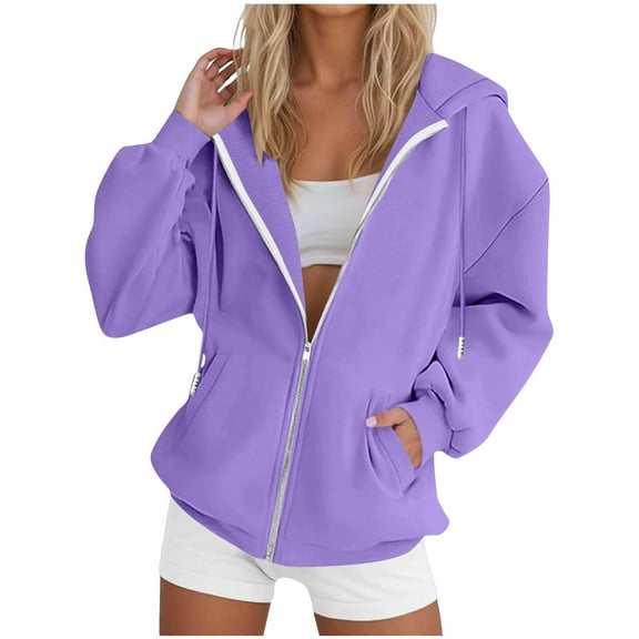 Women's Zip Up Hoodies Ndbuld Women's Solid Color Pockets Zipper Long Sleeved Regular Top Hooded Sweatshirts Coat Outwear Purple M