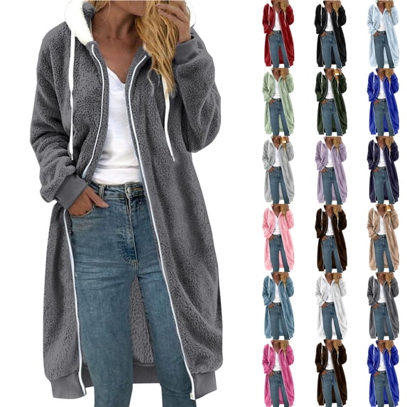 Women's Zip Up Hoodies Oversized Long Fleece Sweatshirts Hooded Casual Jacket Coat with Pockets Trendy Hoodie Dark Gray S