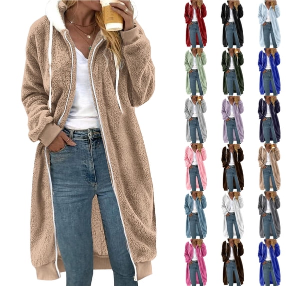 Women's Zip Up Hoodies Oversized Long Fleece Sweatshirts Hooded Casual Jacket Coat with Pockets Trendy Hoodie Khaki XXXL
