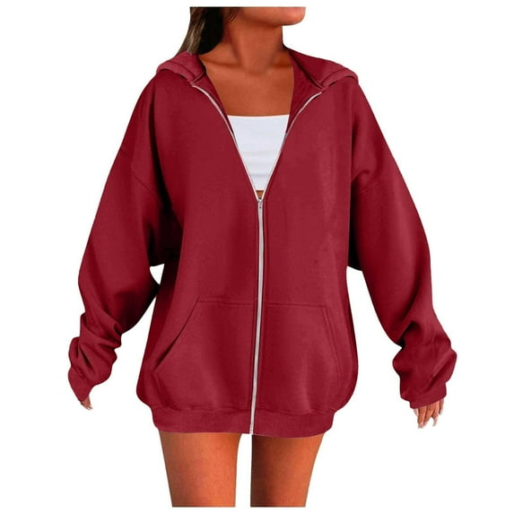 Women's Zip Up Hoodies Oversized Long Sleeve Solid Color Hooded Sweatshirts Fall Sports Fashion Jacket with Pocket S-2XL