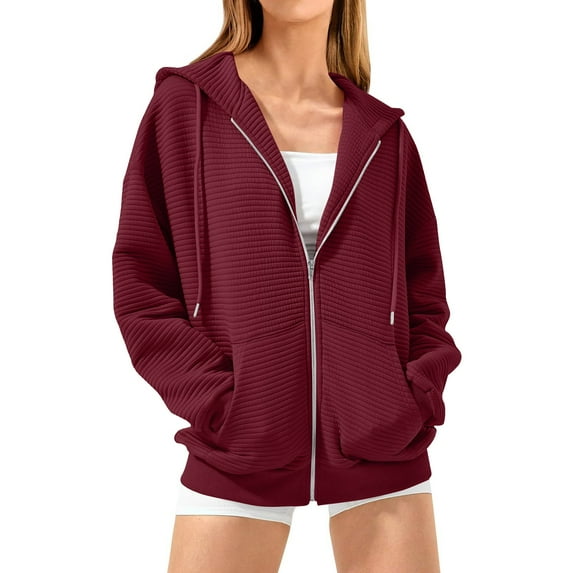 Women's Zip Up Hoodies Plus Size Drawstring Long Sleeve Solid Color Sweatshirts Fall Winter Fashion Casual Hooded Jacket