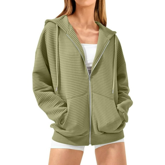Women's Zip Up Hoodies Plus Size Drawstring Long Sleeve Solid Color Sweatshirts Fall Winter Fashion Casual Hooded Jacket