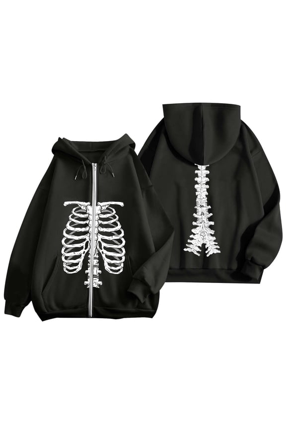 Women's Zip Up Hoodies Skeleton Graphic Long Sleeve Loose Cardigant Jackets Y2K Casual Oversized Blouse with Pocket