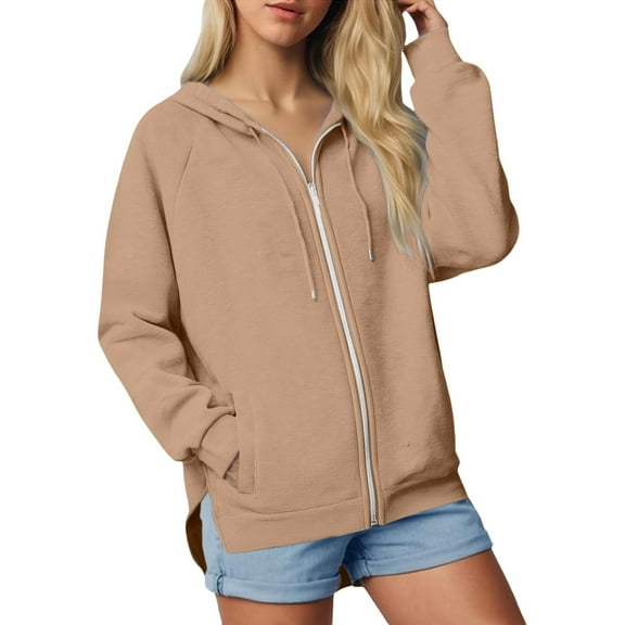 Women's Zip Up Hoodies Sweatshirts Long Sleeve Drawstring Hem Split Casual Fashion Tops Fall Clothes with Pockets (S, Khaki)