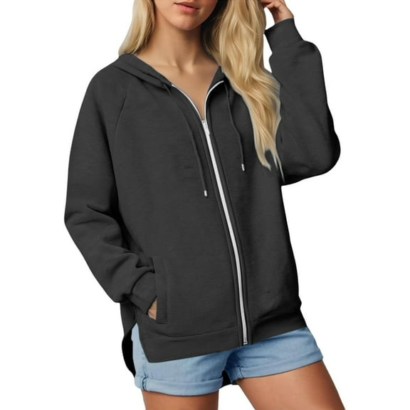 Women's Zip Up Hoodies Sweatshirts Long Sleeve Drawstring Hem Split Casual Fashion Tops Fall Clothes with Pockets (XXL, Black)