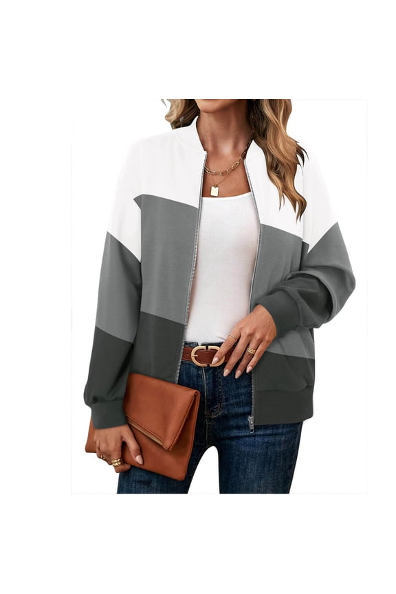 Women's Zip Up Jackets Fashion Color Block Crewneck Sweatshirt Zip Pocket Fall Winter Coats Loose Casual Long Sleeve Outwears Womens Tops