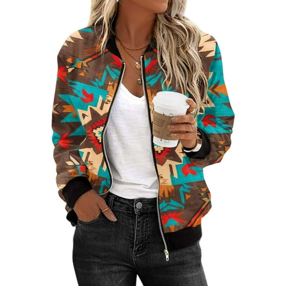 Women's Zip Up Lightweight Jackets 2024 Fashion Aztec Printed Western Coat Vintage Ethnic Long Sleeve Tops Casual Fall Attire