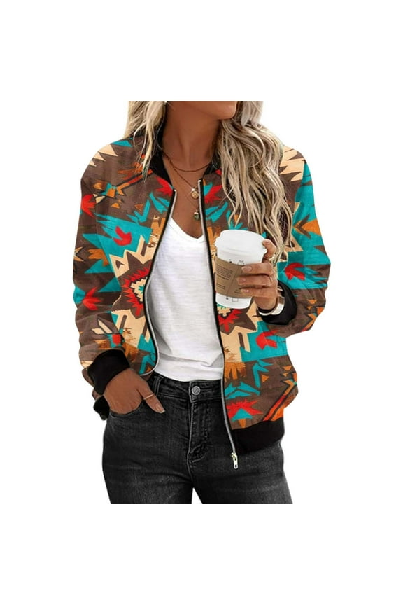 Women's Zip Up Lightweight Jackets 2024 Fashion Aztec Printed Western Coat Vintage Ethnic Long Sleeve Tops Casual Fall Attire