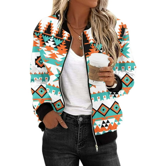 Women's Zip Up Lightweight Jackets 2024 Fashion Aztec Printed Western Coat Vintage Ethnic Long Sleeve Tops Casual Fall Attire