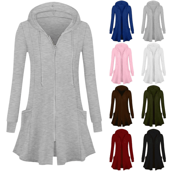Women's Zip Up Long Hoodie Oversized Tunic Sweatshirt Jacket with Pockets Fall Fashion Open Front Cardigan Casual Coat