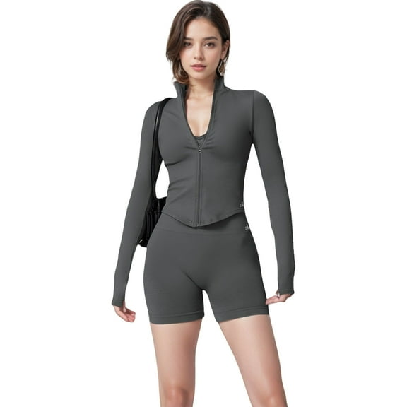 Women's Zip-Up Long Sleeve Activewear Jacket with Thumbholes and High Collar - Medium, Gray
