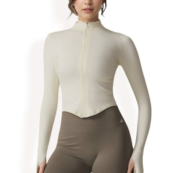 Women's Zip-Up Long Sleeve Activewear Jacket with Thumbholes and High Collar - Medium, Ivory