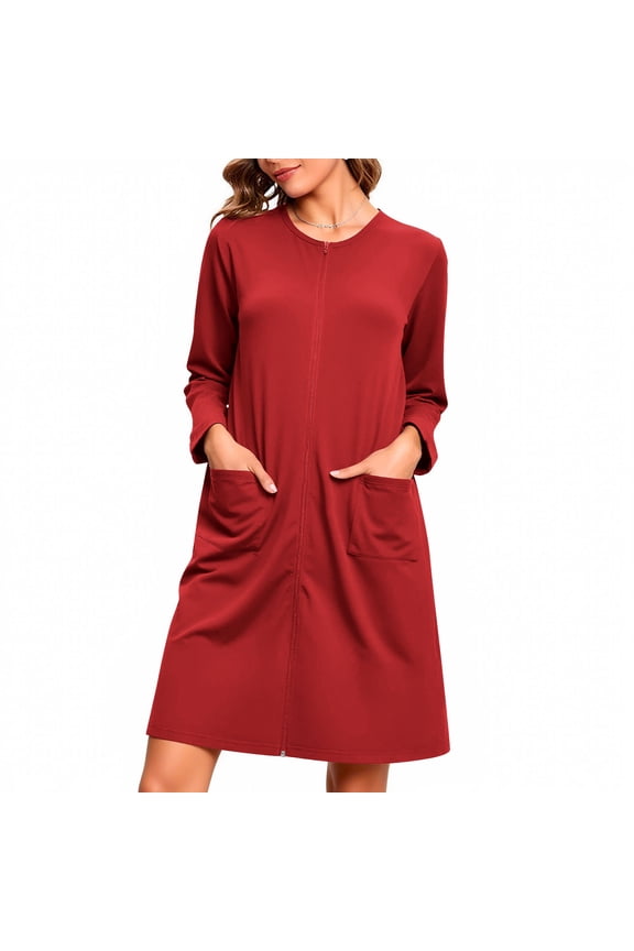 Women's Zip Up Night Dress Plain Robe Long Housecoat Lightweight Bathrobes Cozy Midi Length Nightgown with Pockets