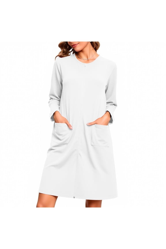 Women's Zip Up Night Dress Plain Robe Long Housecoat Lightweight Bathrobes Cozy Midi Length Nightgown with Pockets
