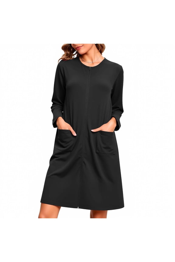 Women's Zip Up Night Dress Plain Robe Long Housecoat Lightweight Bathrobes Cozy Midi Length Nightgown with Pockets