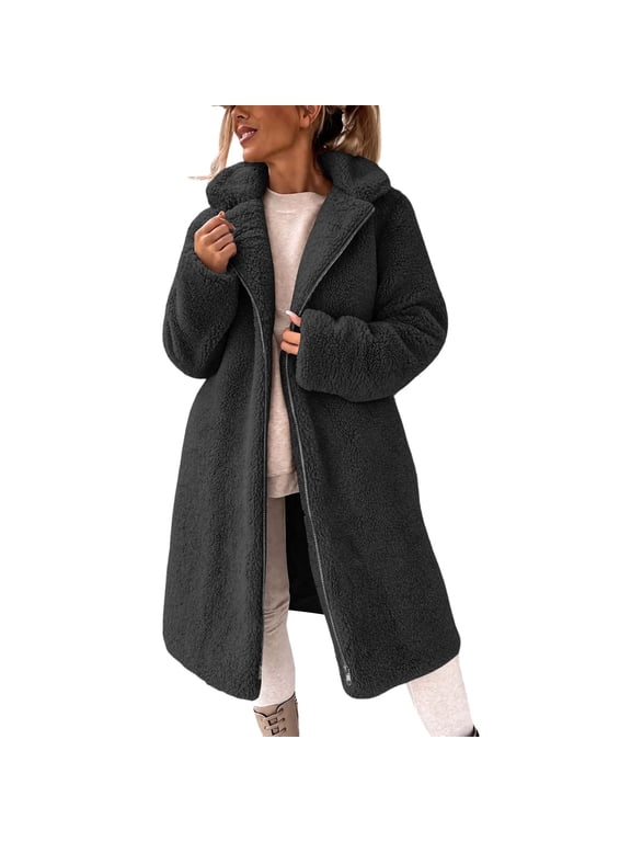 Women's Zip‑Up Notched Collar Fleece Long Coat, Mid‑Calf Length Outerwear, Built for Fall‑Winter Outdoor Walks, Daily Casual Activities Black XXL