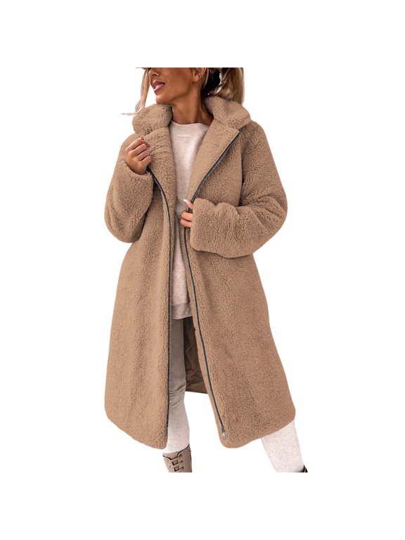 Women's Zip‑Up Notched Collar Fleece Long Coat, Mid‑Calf Length Outerwear, Built for Fall‑Winter Outdoor Walks, Daily Casual Activities Brown M