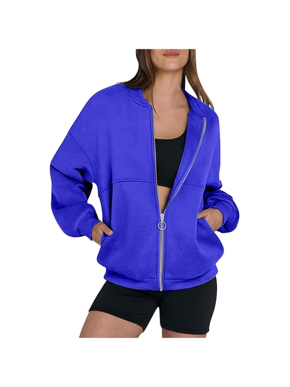 Women's Zip Up Oversized Sweatshirts Jacket No Hood Long Sleeve Solid Cotton Sport Coat Casual Fall Clothes, Blue 2XL