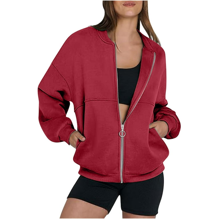 Women's Zip Up Oversized Sweatshirts Jacket No Hood Long Sleeve
