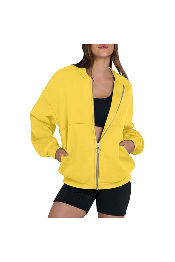 Women's Zip Up Oversized Sweatshirts Jacket No Hood Long Sleeve Solid Cotton Sport Coat Casual Fall Clothes, Yellow M