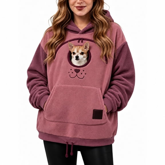 Women's Zip-Up Pet Carrier Hoodie Jacket for Cats and Dogs, Red, Size M, Warm Polar Fleece Sweatshirt, Front Pouch Pocket, Relaxed Winter Outerwear, Long Sleeve Casual Top