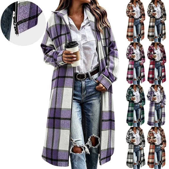 Women's Zip Up Plaid Shacket Jacket,Maxi-Length Long Sleeve Open Front Casual Coat,Cool Fall and Early Winter Days