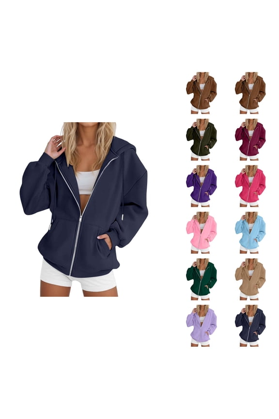 Women's Zip Up Plain Hoodie 2026 Fall Winter Casual Plain Hooded Sweatshirt with Pockets Jacket Coat