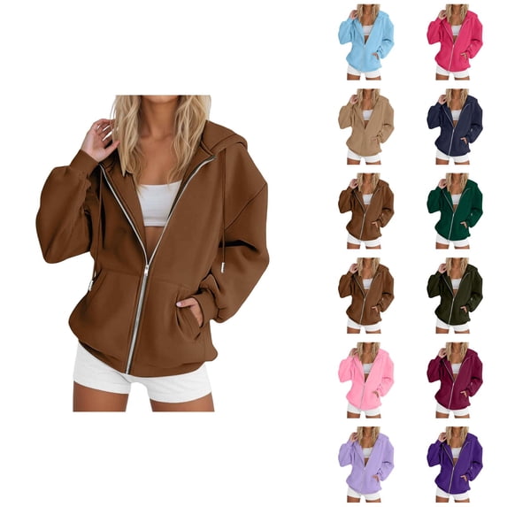 Women's Zip Up Plain Hoodie 2026 Fall Winter Long Sleeve Casual Solid Color Hooded Sweatshirt with Pockets Jacket Coat