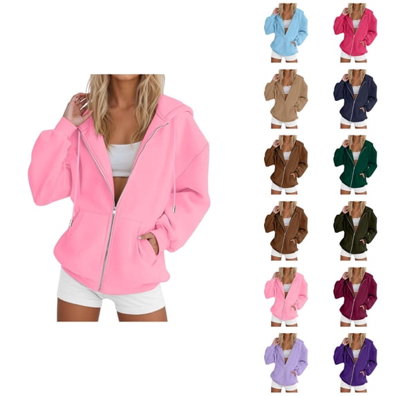 Women's Zip Up Plain Hoodie 2026 Fall Winter Long Sleeve Casual Solid Color Hooded Sweatshirt with Pockets Jacket Coat