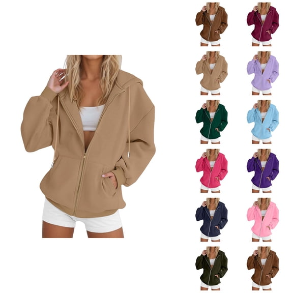 Women's Zip Up Plain Hoodie 2026 Trendy Long Sleeve Solid Color Hooded Sweatshirt with Pockets Jacket Outerwear