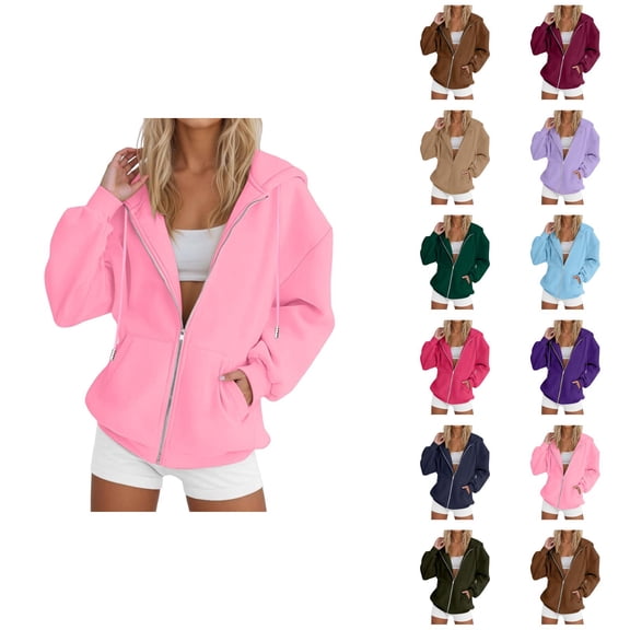 Women's Zip Up Plain Hoodie 2026 Trendy Long Sleeve Solid Color Hooded Sweatshirt with Pockets Jacket Outerwear
