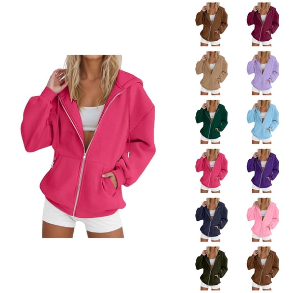 Women's Zip Up Plain Hoodie 2026 Trendy Long Sleeve Solid Color Hooded Sweatshirt with Pockets Jacket Outerwear