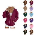 thumbnail image 1 of Women's Zip Up Plain Hoodie 2026 Trendy Long Sleeve Solid Color Hooded Sweatshirt with Pockets Jacket Outerwear, 1 of 5