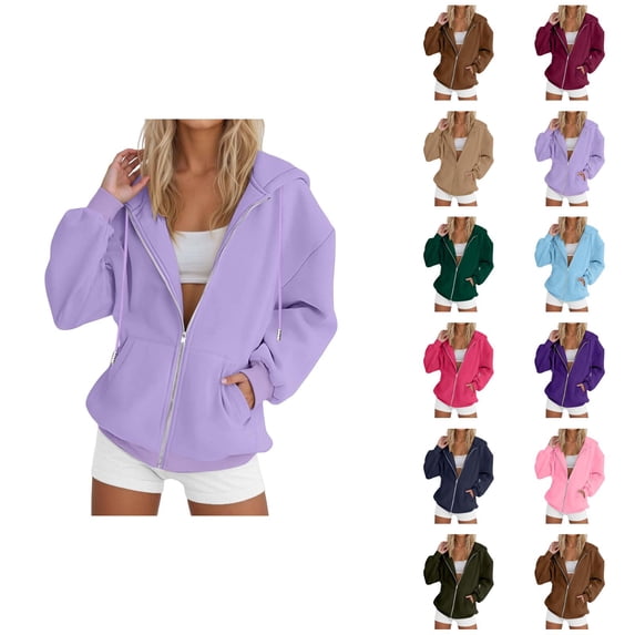 Women's Zip Up Plain Hoodie 2026 Trendy Long Sleeve Solid Color Hooded Sweatshirt with Pockets Jacket Outerwear
