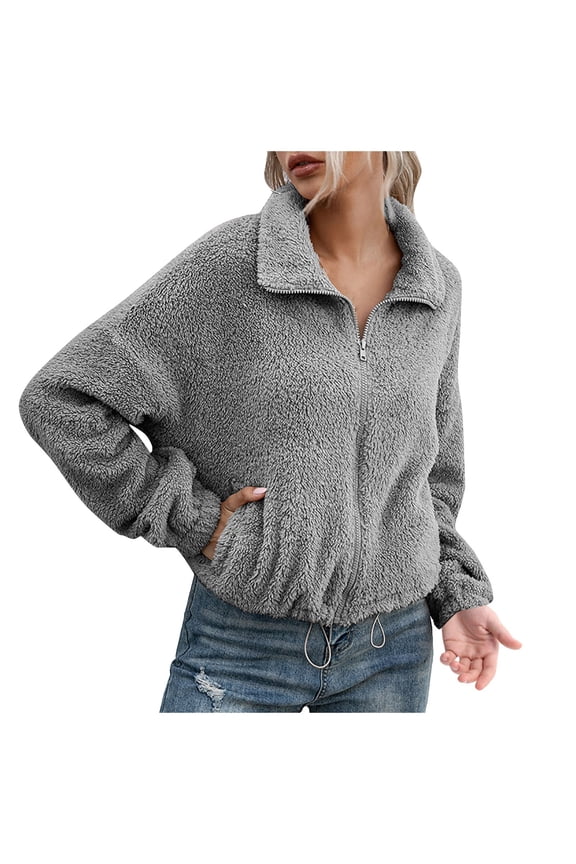 Women's Zip Up Shearling Hooded Cropped Teddy Jacket Coat winter coats for women