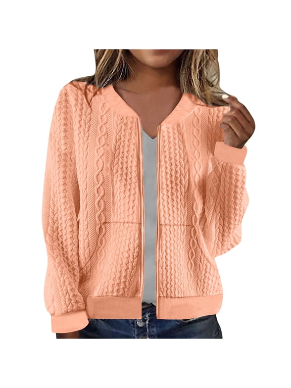 Women's Zip Up Sweaters Jacket, Cable Knit Chunky Cardigan Sweater with Pockets, Open Front Fall Winter Clothes
