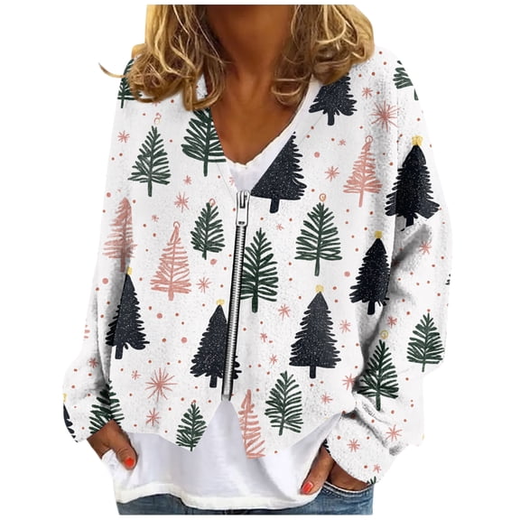Women's Zip-Up Sweaters and Sweatshirts, Long Sleeve Oversized Jackets with Christmas Print, Soft Casual Loose Tunic Tops,Dark Green,S