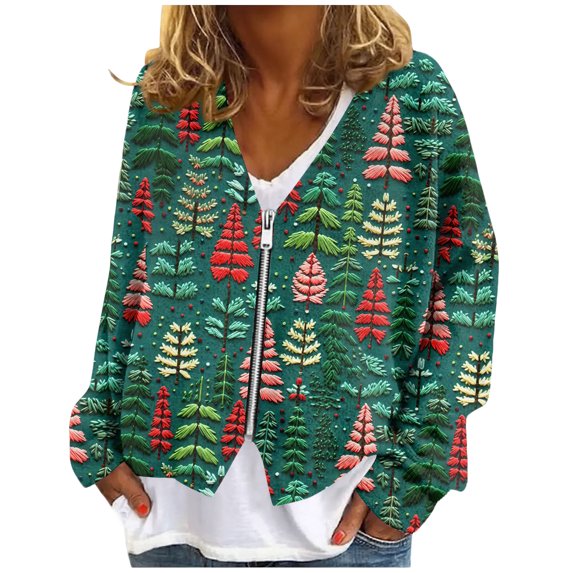 Women's Zip-Up Sweaters and Sweatshirts, Long Sleeve Oversized Jackets with Christmas Print, Soft Casual Loose Tunic Tops,Dark Green,XL