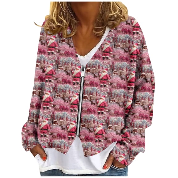 Women's Zip-Up Sweaters and Sweatshirts, Long Sleeve Oversized Jackets with Christmas Print, Soft Casual Loose Tunic Tops,Hot Pink,M
