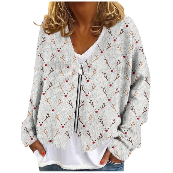 Women's Zip-Up Sweaters and Sweatshirts, Long Sleeve Oversized Jackets with Christmas Print, Soft Casual Loose Tunic Tops,Red,S