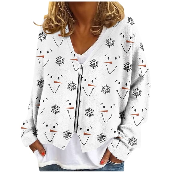 Women's Zip-Up Sweaters and Sweatshirts, Long Sleeve Oversized Jackets with Christmas Print, Soft Casual Loose Tunic Tops,White,S
