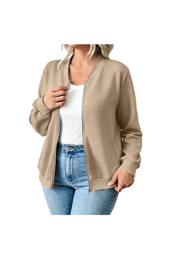 Women's Zip Up Sweatshirt Jackets Crew Neck Long Sleeve Casual Outwear Fall Winter Fashion Coat With Pockets (2XL, Coffee)