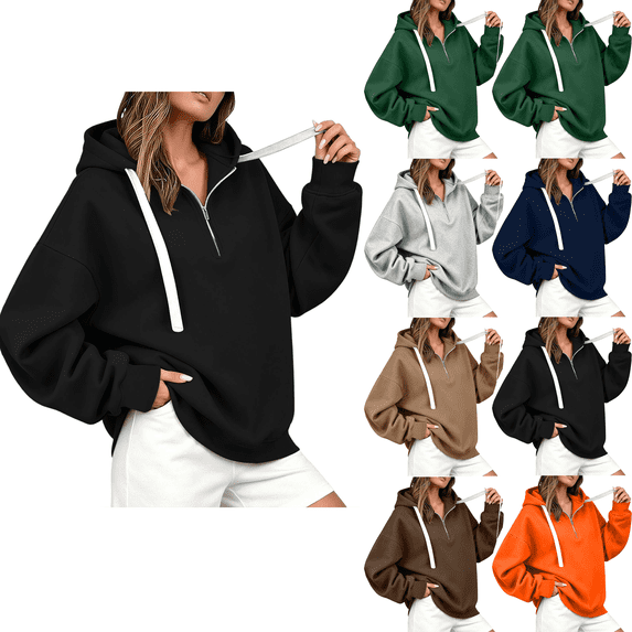 Women's Zip Up Sweatshirts Oversized Fashion Half Zip Hoodie Long Sleeve Drawstring Sweatshirt Side Split Loose Fall Tops