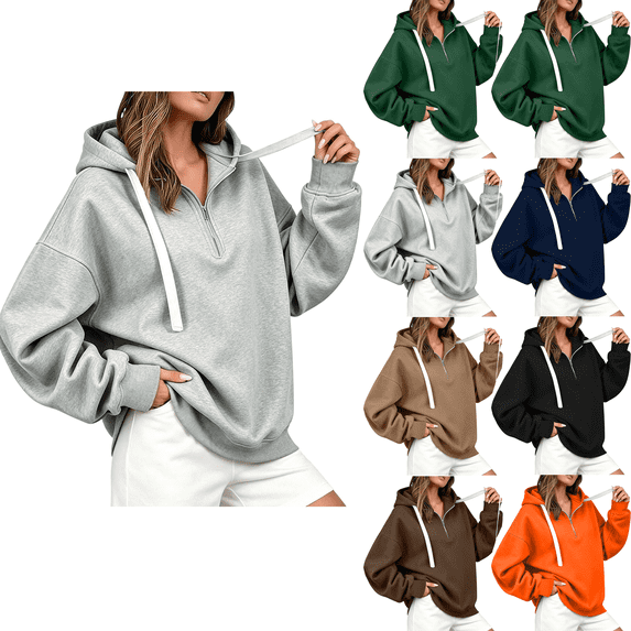 Women's Zip Up Sweatshirts Oversized Pullover Half Zip Hoodie Long Sleeve Drawstring Sweatshirt Side Split Loose Fall Tops