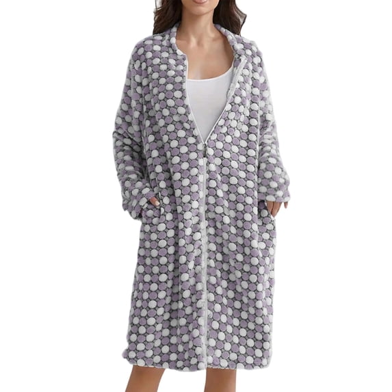 Women's Zip Up Thick Flannel Winter Nightgown, Long Sleeve Loose Fit Warm Plush Sleep Dress Cozy All Day Home Loungewear Purple XL