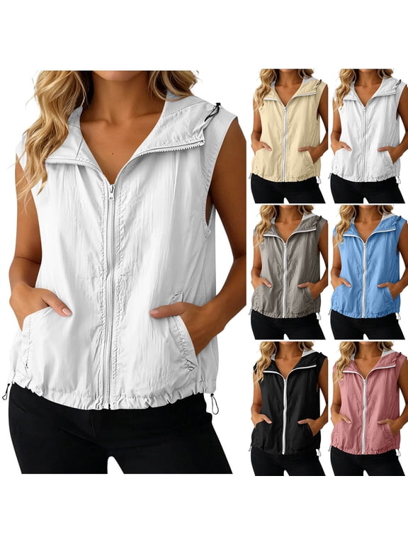 Women's Zip Up Vest with Pocekts Lightweight Sleeveless Softshell Hooded Jacket Travel Outdoor Running Vests