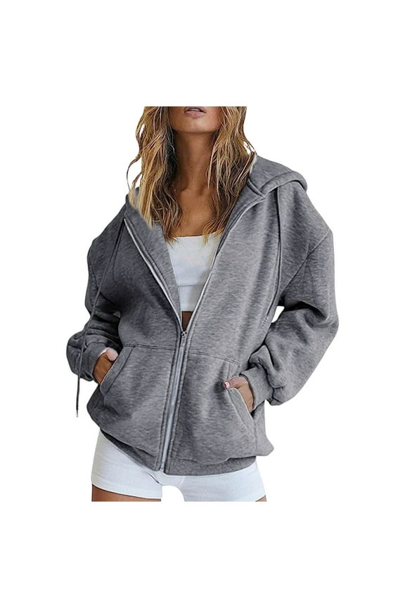 Women's Zip Up Y2K Hoodies Casual Long Sleeve Solid Drawstring Sweatshirts Fall Lightweight Track Jackets