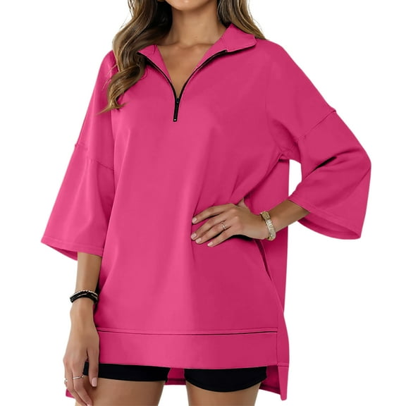 Women’s Zip V-Neck Sweatshirt – Casual Loose 3/9 Sleeve Pullover Hoodie Top with High Low Hem, Lightweight Comfortable Shirt Hot Pink