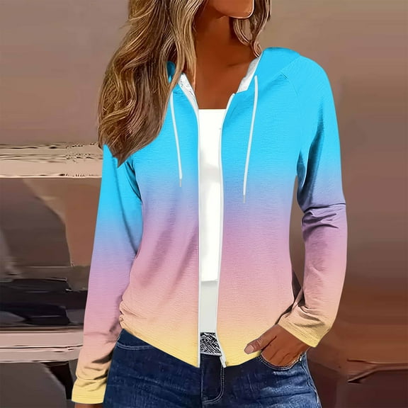 Women's Zip Up Y2K Hooded Jackets 2025 Fashion Gradient Color Print Hoodies Loose Long Sleeve Fall Winter Outfits Casual Sweatshirts Jacket with Pocket