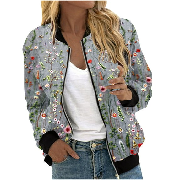 Women's Zip up Crop Bomber Jacket Long Sleeve Floral Print Stand Collar Zipper Biker Light Jacket Coat Outwear (Medium, Gray)